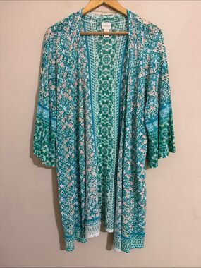 Chico's Open Abstract Print Cotton Blend Cardigan size XL Summer Vacation Beach